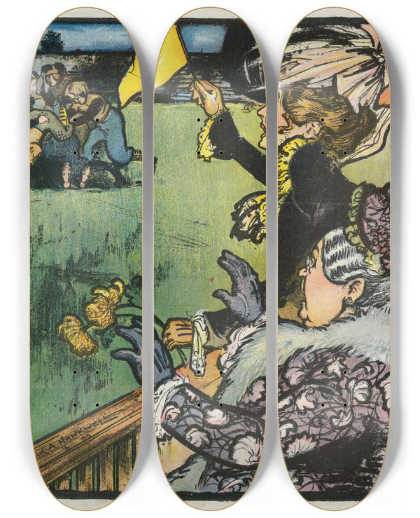 Triptych art skateboard deck of Frank Arthur Nankivell Not So Bad by Frank Arthur Nankivell (1869-1959)