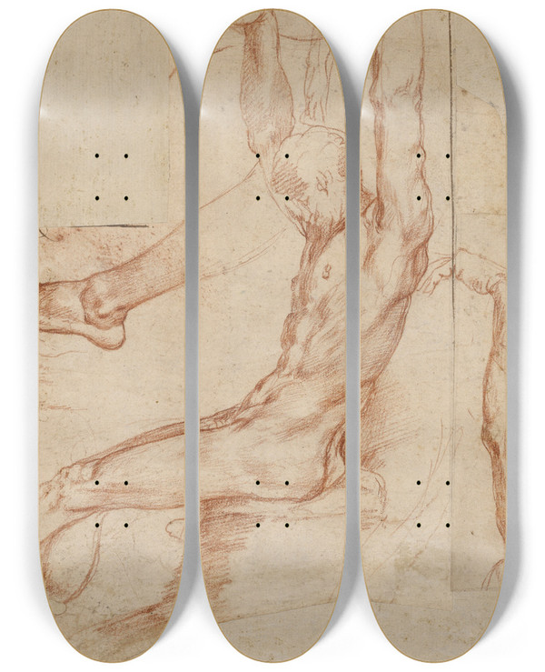 Triptych art skateboard deck of Polidoro Da Caravaggio Study Of A Man With Various Sketches by Polidoro Da Caravaggio (1500-1536)
