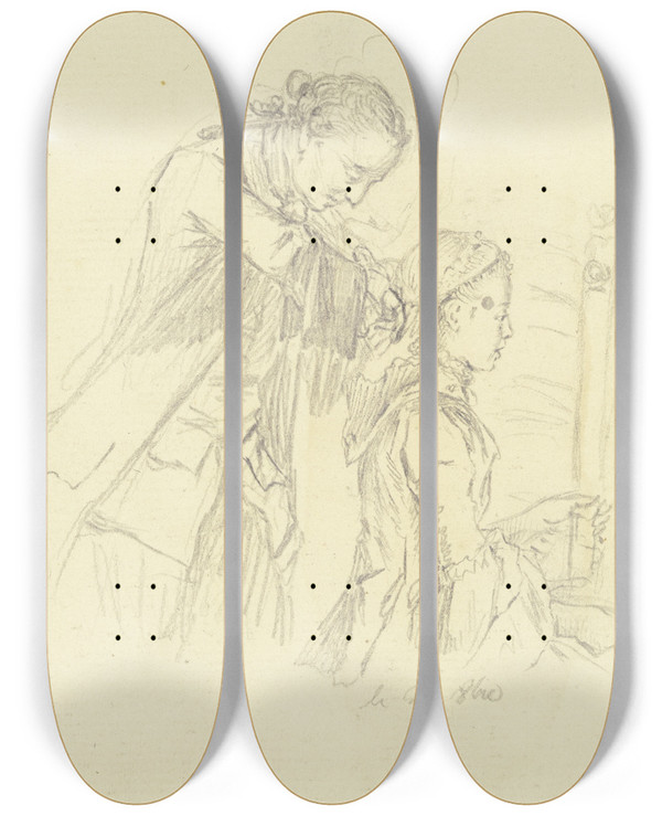 Triptych art skateboard deck of Daniel Nikolaus Chodowiecki Sitzendes Junges Mdchen Im Profil Nach Rechts Das Von Einem Hinter Ihm Stehenden Mann Frisiert Wird by Daniel Nikolaus Chodowiecki (1726-1801)