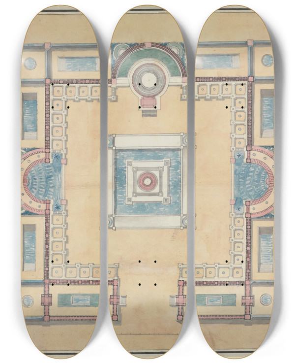 Triptych art skateboard deck of Charles Percier Plan For A Menagerie by Charles Percier (1764-1838)