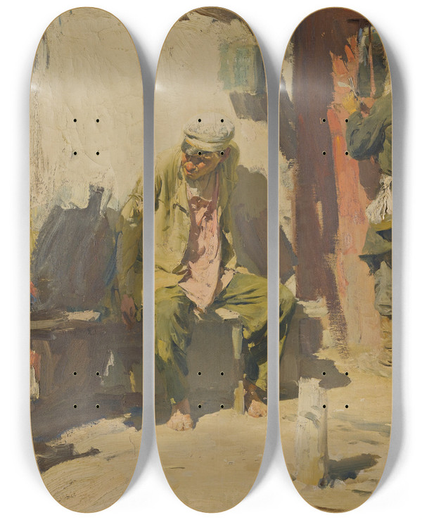 Triptych art skateboard deck of Abram Efimovich Arkhipov Beggars_2 by Abram Efimovich Arkhipov (1862-1930)