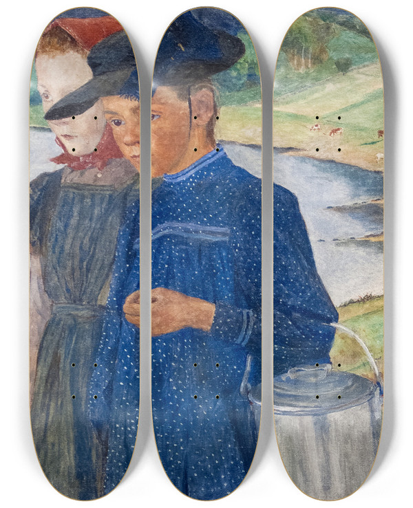 Triptych art skateboard deck of Carl Wilhelmson Two Girls On The Road by Carl Wilhelmson (1866-1928)