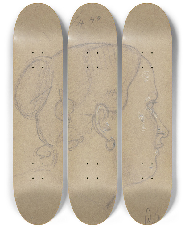 Triptych art skateboard deck of Carl Hoff Girls Head In Kassel by Carl Hoff (1807-1862)