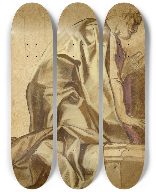 Triptych art skateboard deck of Jacob Jordaens Man Kneeling Facing Right by Jacob Jordaens (1593-1678)