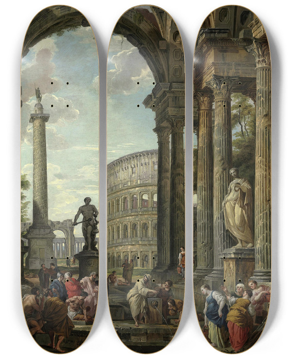 Triptych art skateboard deck of Giovanni Paolo Panini An Architectural Capriccio With The Philosopher Diogenes And Other Figures by Giovanni Paolo Panini (1691-1765)