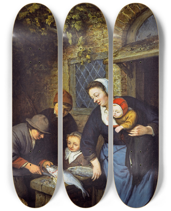 Triptych art skateboard deck of Adriaen Van Ostade Buying Fish by Adriaen Van Ostade (1610-1684)