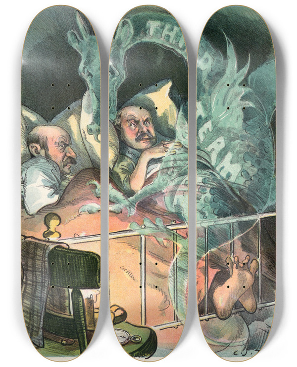 Triptych art skateboard deck of Charles Jay Taylor Their Nightmare by Charles Jay Taylor (1855-1929)