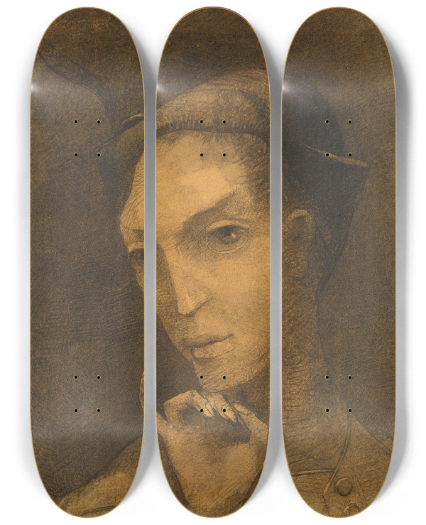 Triptych art skateboard deck of Odilon Redon Mephistopheles by Odilon Redon (1840-1916)