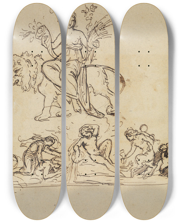 Triptych art skateboard deck of Moritz Von Schwind Kybele Und Skizze Zur Insel Andros by Moritz Von Schwind (1804-1871)