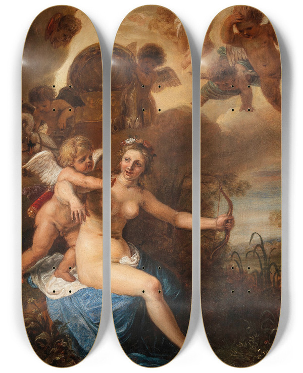 Triptych art skateboard deck of Cornelis Holsteyn Venus Taking Away Cupids Bow by Cornelis Holsteyn (1618-1658)