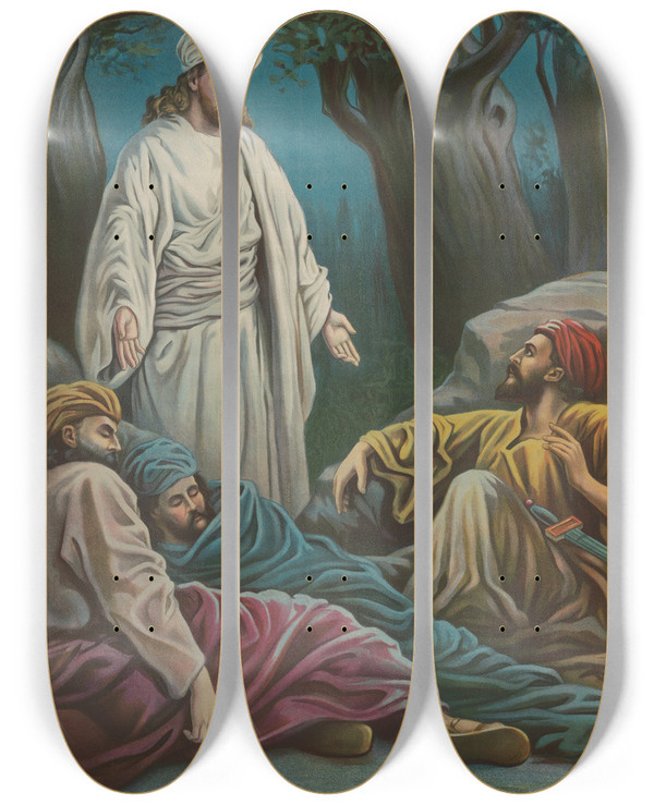 Triptych art skateboard deck of Providence Lith Co Jesus In Gethsemane by Providence Lith Co (1880-1975)