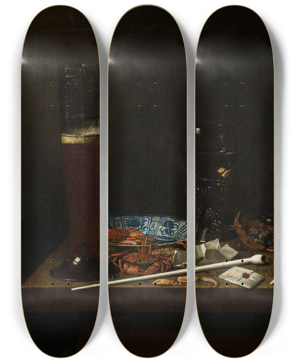 Triptych art skateboard deck of Jan Jansz Van De Velde Iii Still Life With Passglas by Jan Jansz. van De Velde III (1620-1662)