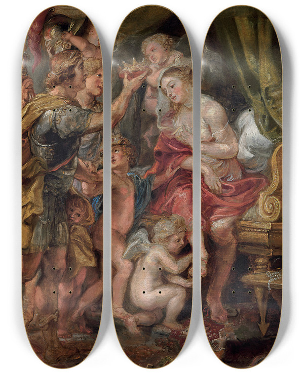 Triptych art skateboard deck of Peter Paul Rubens Alexander And Roxana by Peter Paul Rubens (1577-1640)