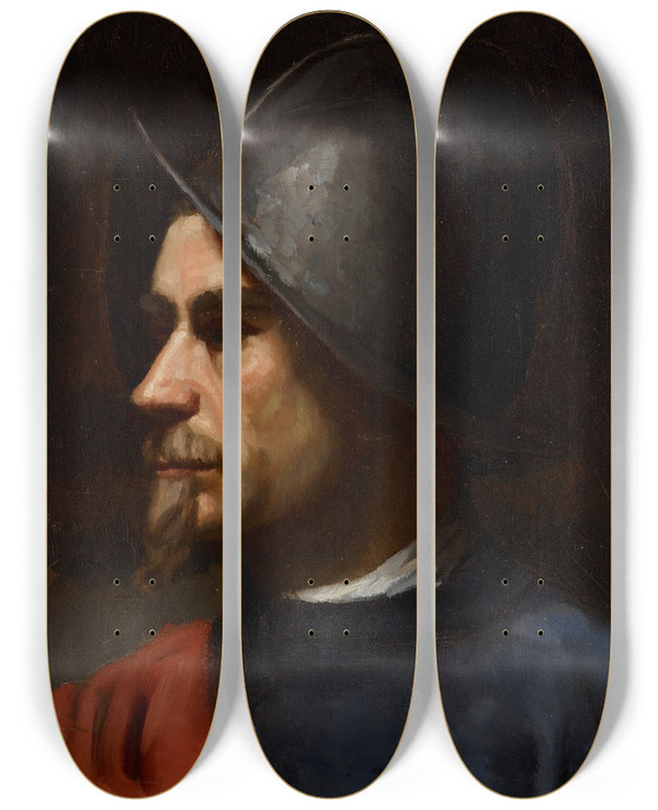 Triptych art skateboard deck of Helene Schjerfbeck Warrior In Helmet by Helene Schjerfbeck (1862-1946)