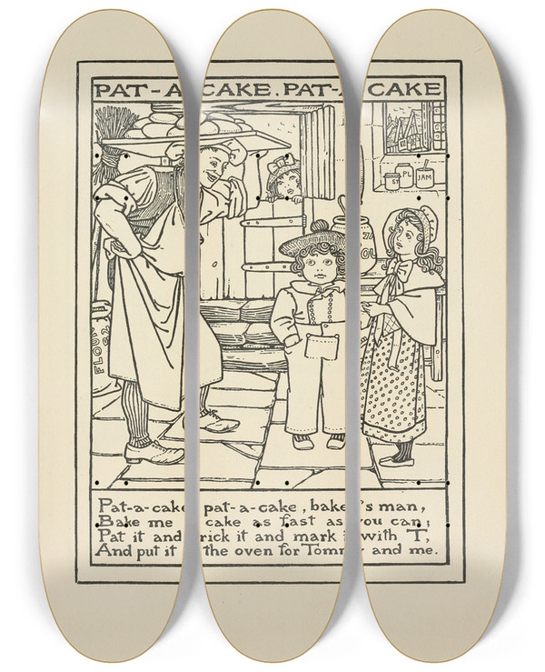 Triptych art skateboard deck of Winifred Smith Patacake Patacake by Winifred Smith (19-)