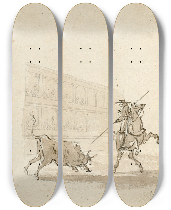 Triptych art skateboard deck of Otto Howen Stieregevecht In Arena_1 by Otto Howen (1774-1848)