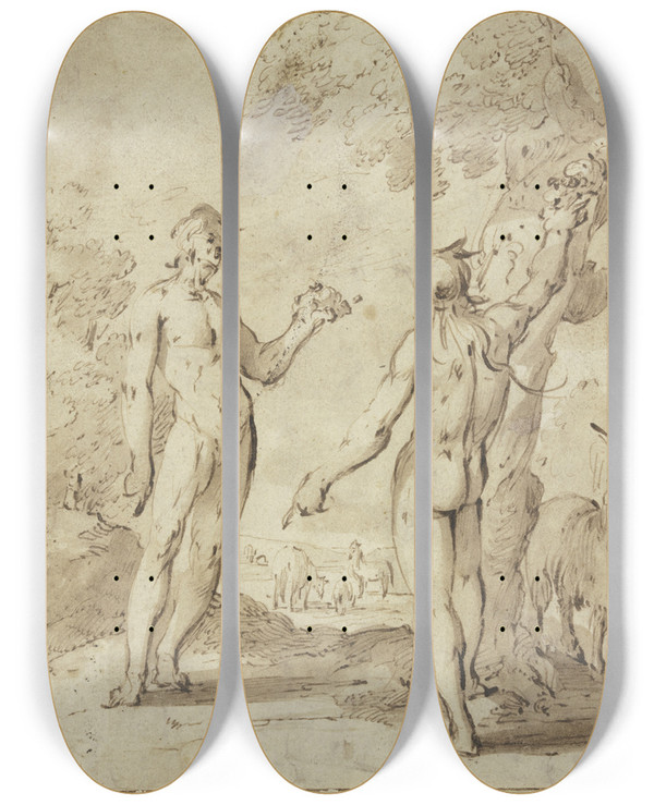 Triptych art skateboard deck of Andries Both Adam And Eve In Paradise by Andries Both (1612-1642)