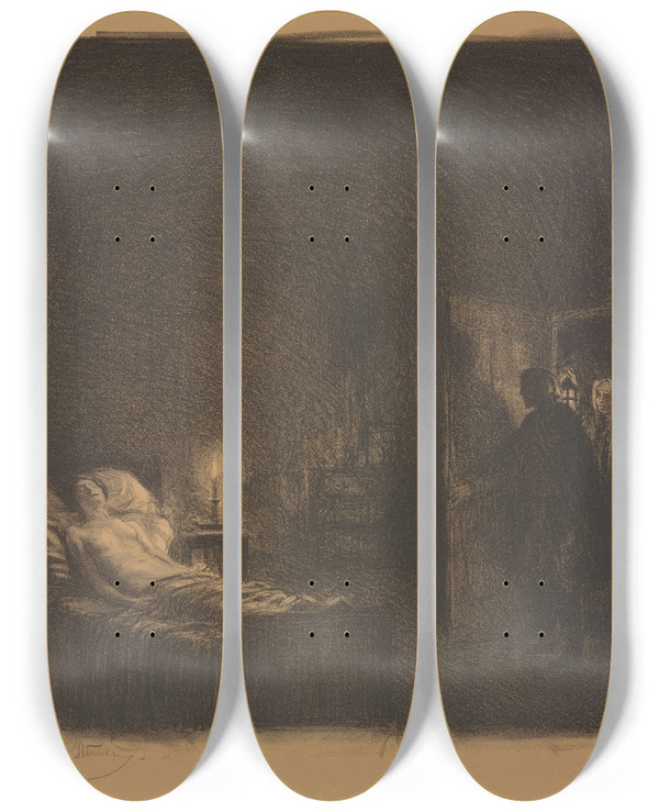 Triptych art skateboard deck of Albert Sterner Sick Soul by Albert Sterner (1863-1946)