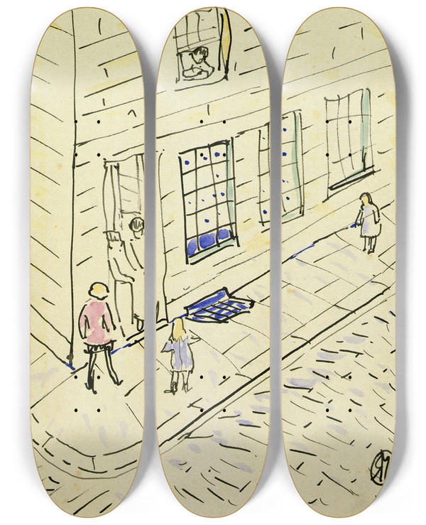 Triptych art skateboard deck of Raymond Mcintyre Figures In A Doorway by Raymond Mcintyre (1879-1933)