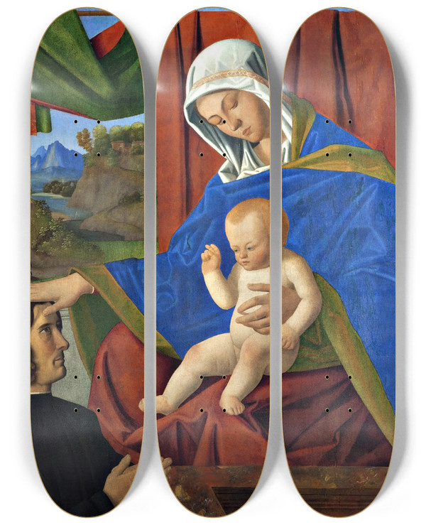 Triptych art skateboard deck of Francesco Di Simone Da Santacroce The Virgin With The Christ Child And A Donor by Francesco Di Simone Da Santacroce (1470-1508)