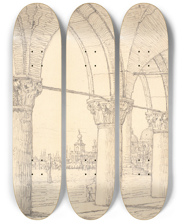 Triptych art skateboard deck of Christen Kbke Parti Af Kolonaden Under Dogepaladset I Venedig by Christen Kobke (1810-1848)