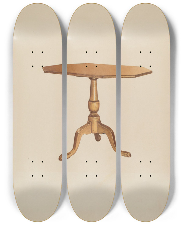 Triptych art skateboard deck of Michael Riccitelli Table Tripod by Michael Riccitelli