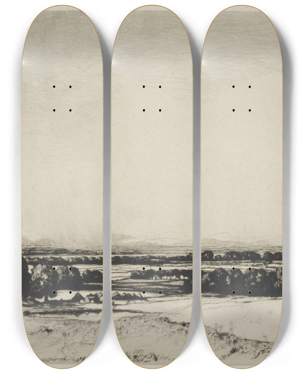 Triptych art skateboard deck of David Young Cameron The Valley Of The Tay by David Young Cameron (1865-1945)