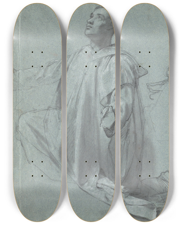 Triptych art skateboard deck of Jean Leonard Lugardon A Young Benedictine Monk Kneeling by Jean Leonard Lugardon (1801-1884)