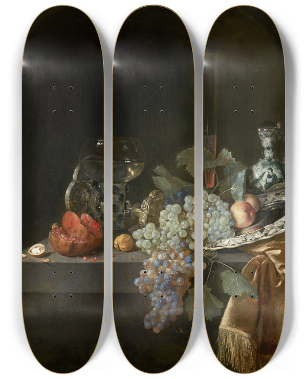 Triptych art skateboard deck of Isaac Van Kipshaven Sumptuous Still Life by Isaac Van Kipshaven (1635-1670)