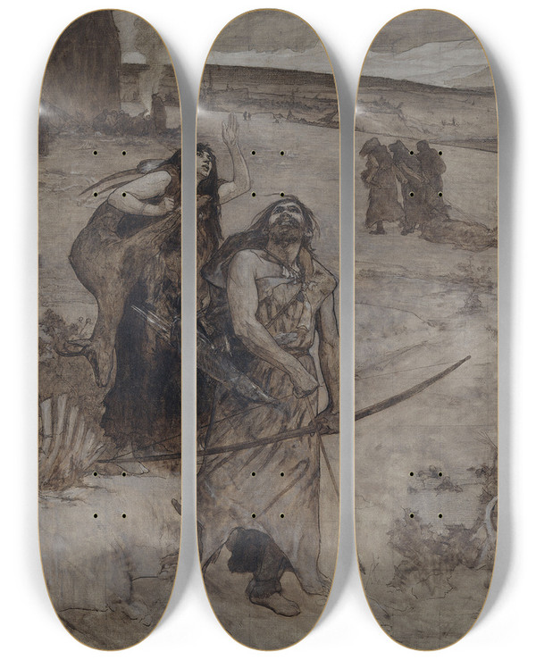 Triptych art skateboard deck of Fernand Cormon La Chasse by Fernand Cormon (1845-1924)