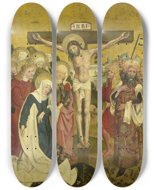 Triptych art skateboard deck of Sigmund Gleismller Crucifixion by Sigmund Gleismuller (1474-1505)