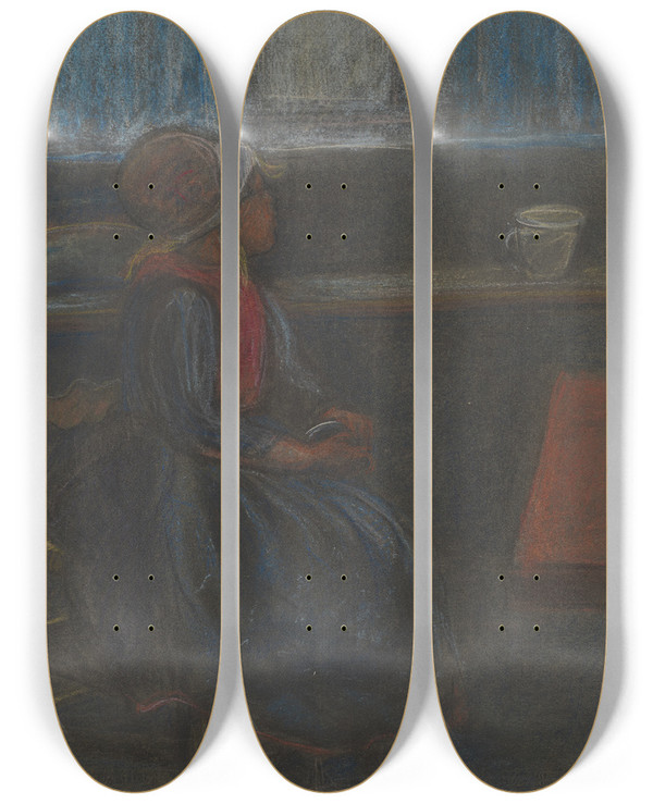 Triptych art skateboard deck of Hermann Lismann Mdchen Im Profil Nach Rechts Aus Dem Fenster Blickend by Hermann Lismann (1878-1943)