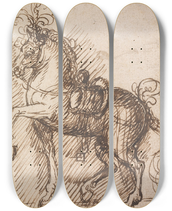 Triptych art skateboard deck of Inigo Jones A Plumed Saddlehorse by Inigo Jones