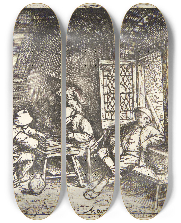 Triptych art skateboard deck of Adriaen Van Ostade Backgammon Players by Adriaen Van Ostade (1610-1684)
