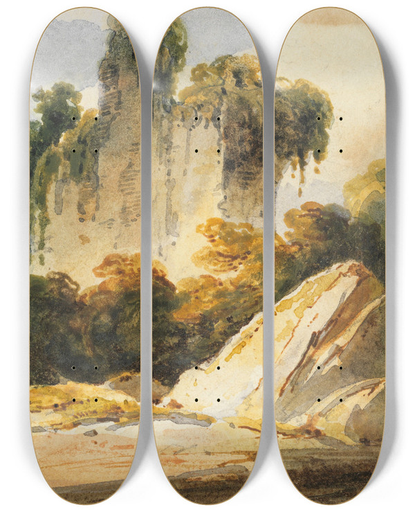 Triptych art skateboard deck of George Chinnery Rocks And Overgrown Masonry Bengal by George Chinnery (1774-1852)