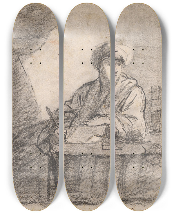 Triptych art skateboard deck of Sir Joshua Reynolds Seated Man At Table by Sir Joshua Reynolds (1723-1792)
