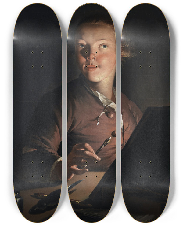 Triptych art skateboard deck of Jens Juel Selfportrait By Candlelight by Jens Juel (1745-1802)