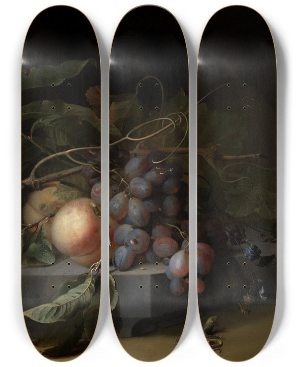 Triptych art skateboard deck of Abraham Mignon Fruchtstilleben Mit Eidechse by Abraham Mignon (1640-1679)