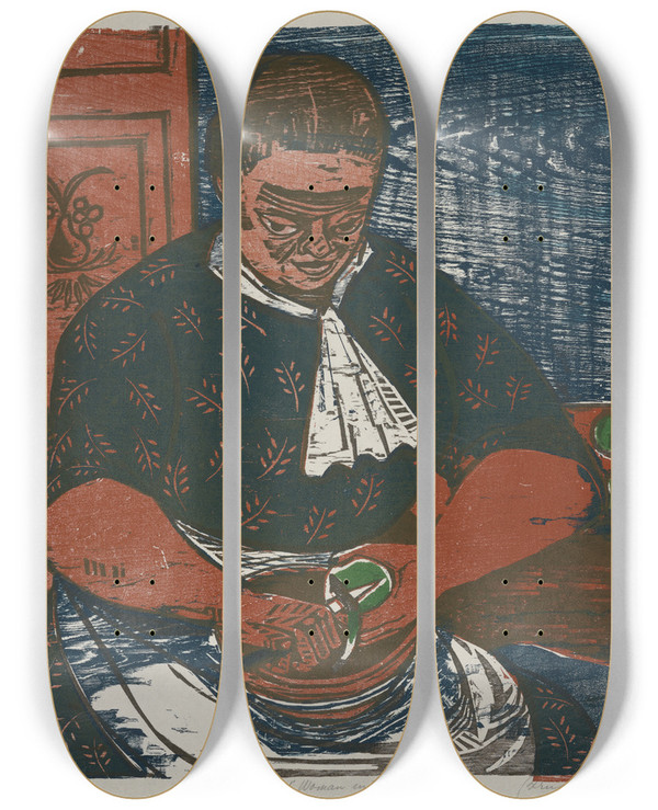 Triptych art skateboard deck of Bernard P Schardt Woman In The Kitchen by Bernard P Schardt (1904-1979)