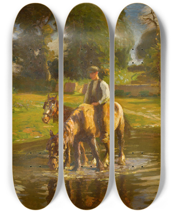 Triptych art skateboard deck of Harold Harvey The Watering Place by Harold Harvey (1874-1941)