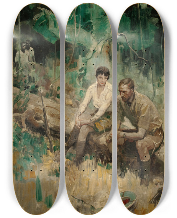 Triptych art skateboard deck of Herbert Morton Stoops Break From The Hunt by Herbert Morton Stoops (1888-1948)