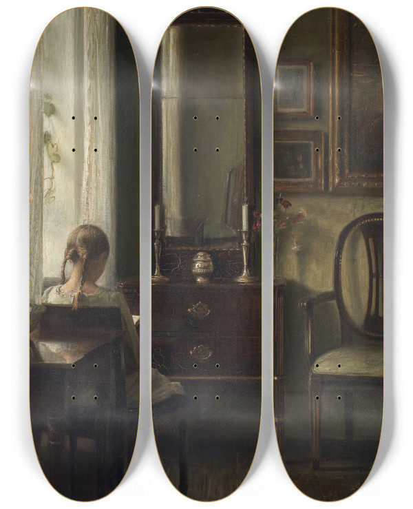 Triptych art skateboard deck of Carl Holse Interior With A Girl Reading by Carl Holsoe (1863-1935)