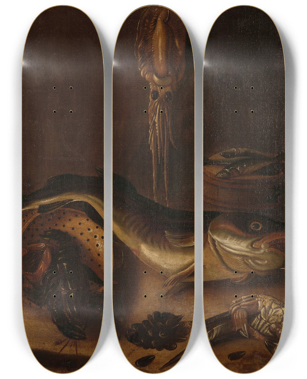 Triptych art skateboard deck of A Van Doeff Still Life With Fish by A Van Doeff (17-)