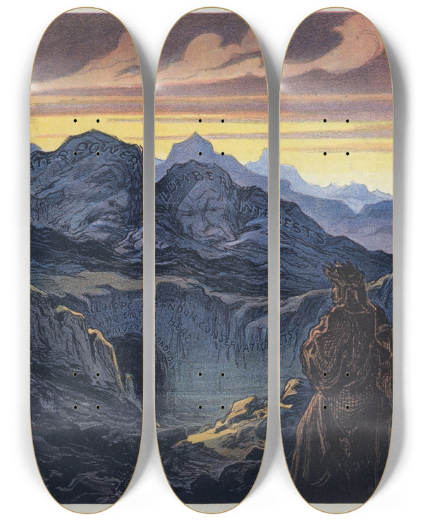 Triptych art skateboard deck of Udo Keppler Pinchots Inferno by Udo Keppler (1872-1956)