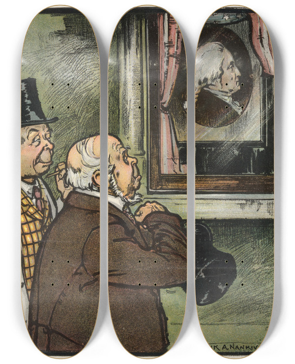 Triptych art skateboard deck of Frank Arthur Nankivell Catching The Celestial Ballot by Frank Arthur Nankivell (1869-1959)