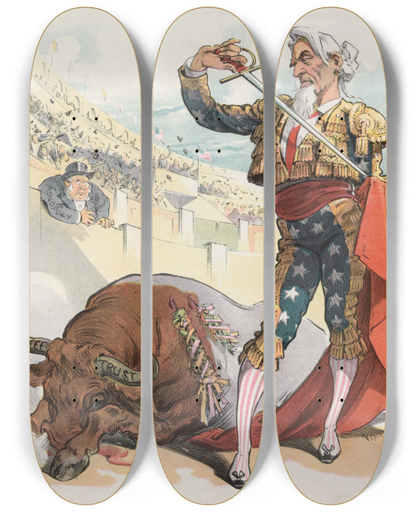 Triptych art skateboard deck of Udo Keppler Ready For The Next by Udo Keppler (1872-1956)