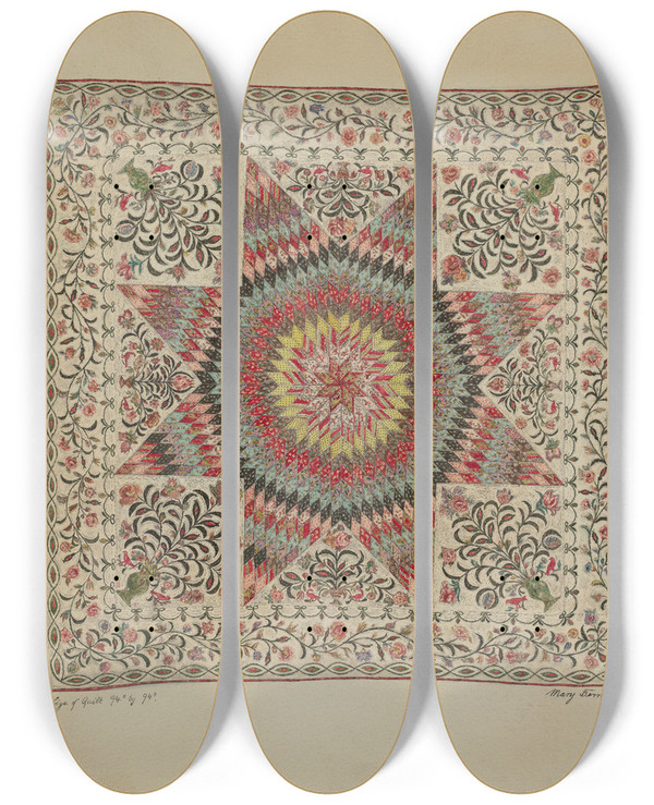 Triptych art skateboard deck of Mary Berner Patchwork And Applique Quilt_2 by Mary Berner