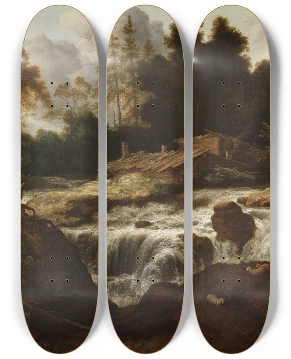 Triptych art skateboard deck of Allaert Van Everdingen Landscape With A Waterfall_1 by Allaert Van Everdingen (1621-1675)