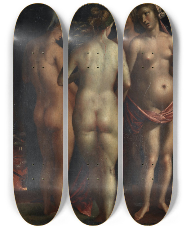 Triptych art skateboard deck of Albrecht Drer Venus And The Three Graces by Albrecht Durer (1471-1528)