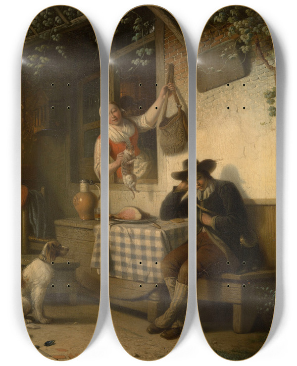 Triptych art skateboard deck of Ferdinand De Braekeleer Resting Hunter by Ferdinand De Braekeleer (1792-1883)